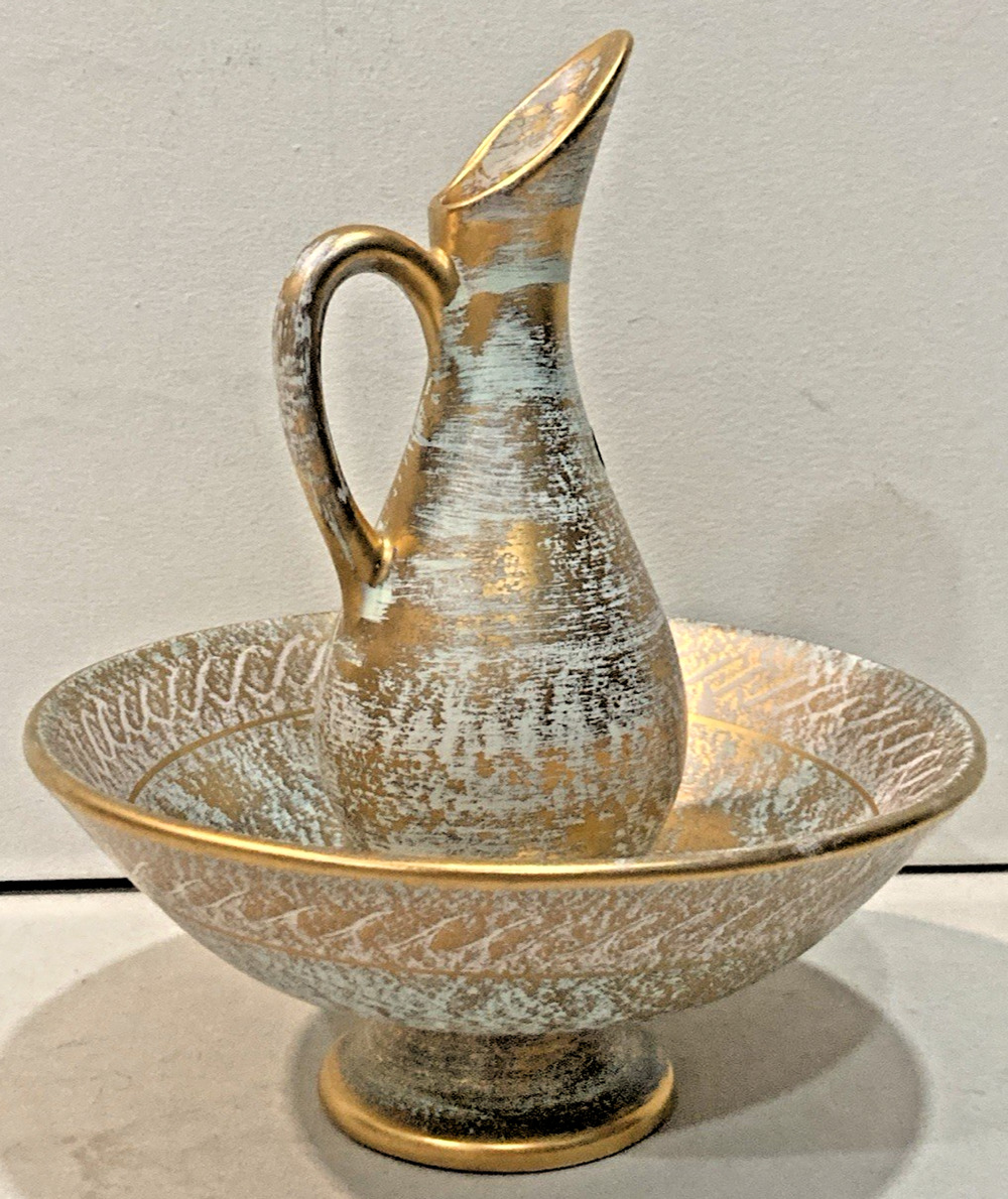 Stangl Pottery 4028 Pedestal Compote Bowl & Matching Pitcher 22K Gold Vintage